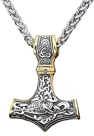 MYZTTZR Thor Hammer Gold, Viking Necklace Pendant for Men Nordic Thor Hammer Amulet Vintage Compass Celtic Knot Stainless Steel Women Jewellery Gift