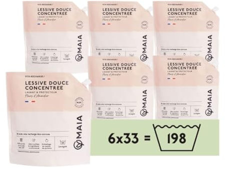 MAIA - Eco-Recharge Lessive Liquide Fleur d'amandier 6L - 198 lavages - Lavage en machine - Efficacité anti-taches prouvée - Formule sans allergènes - Emballage écologique