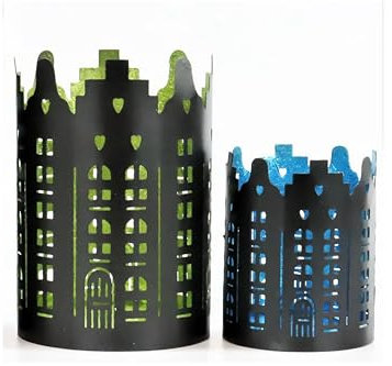Häuser Haus Windlicht schwarz - metallic blau und grün Lichthäuser City im 2er Set Laterne modern aus Metall