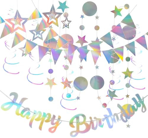 BDHYYM Happy Birthday Girlande Irisierende Geburtstag Deko Folie Silber Wimpelkette Schillernd Circle Banner Metallic Luftschlangen Holografisch Geburtstagsdeko Iridescent