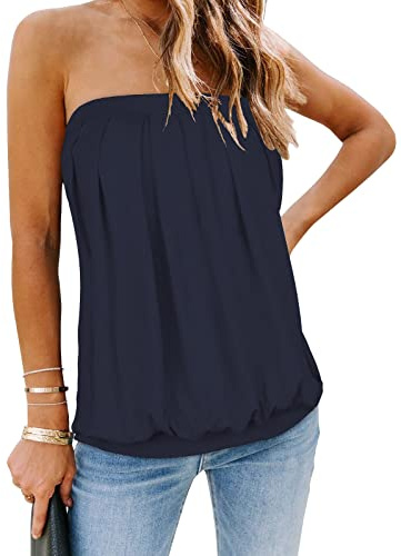 florynova Womens Tube Tops Summer Strapless Bandeau Cover Up(Navy Blue,L)