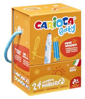 CARIOCA Rotuladores para Bebé 2+| Caja premium con asa de 24 rotuladores superlavables y con gran cobertura | Colores surtidos | Punta Ø 2,8 mm | 24 piezas