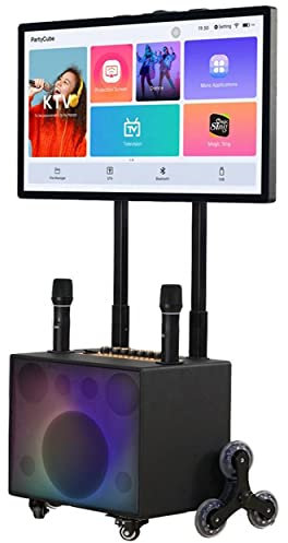 HSOYGE Portable Karaoke Machine Complete Karaoke System Includes Bluetooth Speakers on Wheels, 2 Bluetooth Microphones, Disco Ball, LED Speaker Light, Cell Phone Stand white (Black)