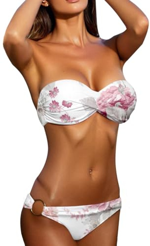 Minetom Maillots de Bain 2 Pièces Femme Été Push Up Bandeau Ensembles Bikini Set Plage Swimsuit Swimwear Beachwear B Blanc XS