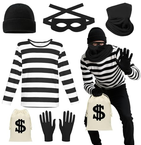 Bryndo 6 Pcs Robber Costume Set for Adult, Burglar Fancy Dress Kit Thief Outfits with Black & White Striped T-shirt Robber Mask Eye Mask Gloves Canvas Bag Beanie for Cosplay Party Dress Up