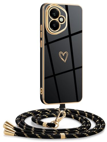 Mkej Cover per Honor 400 con cordino, Placcatura Silicone Cuore amore Custodia con Cordino, con Regolabile Staccabile laccio Case per Honor 400, Oro nero