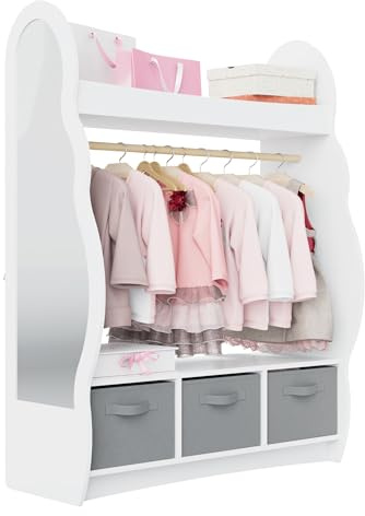 Hironpal Kids Wardrobe with Mirror Baby Wardrobe, Open Hanging Children Dress Up Storage with Storage Shelf for Bedroom Kids Clothes Rail (Cloud, 3 Drawer, White)