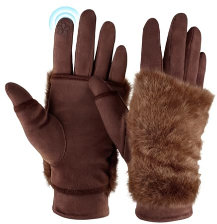 Zidoley Thermo Handschuhe Damen Winter, Plüsch Winterhandschuhe Damen, Touchscreen Warme Gedehnt Dicke Strickhandschuhe, Outdoor Winter Geschenke (Braun)