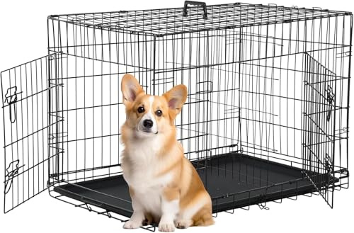 Large Dog Crate Kennel for Medium Large Dogs 76.2cm (30-Inch) Metal Dog Cage Double-Door Folding Travel Indoor Outdoor Puppy Playpen with Divider