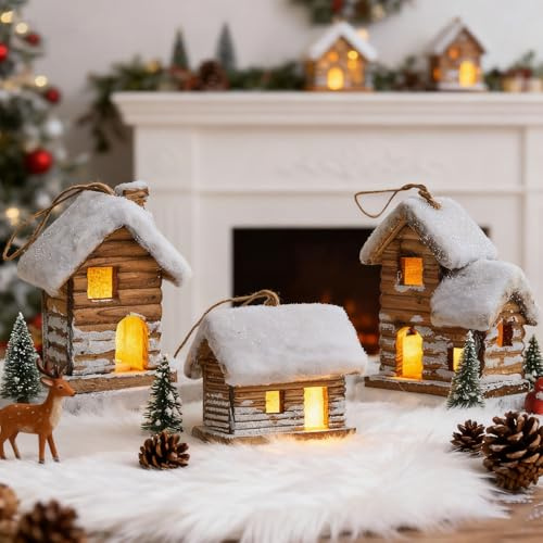 Nexoria Weihnachtsdorf mit Beleuchtung, Weihnachtshäuser Holz Weihnachtsdeko Holz Haus mit LED Licht Weihnachtshaus Beleuchtet Holzhaus Beleuchtet Weihnachtsdeko Innen (D)