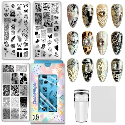 PH PandaHall 3 Stück Vintage Textur Nagel Stempelplatte Graffiti Text Nagelkunst Stempel Schmetterlings Nagelkunst Schablonen Rosen Blumen Nägel Design Stempel Maniküre Bildplatten Für Maniküre Salon
