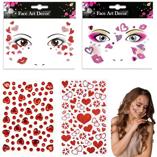 4 PCS Faccelove, Herz Sticker Gesicht, Glitzer Gesichtstattoo Karneval, Love Face Tattoo Aufkleber, Herz Klebetattoos, Rote Strasssteine, Damen Kostümzubehör Für Fasching, Halloween, Weihnachten