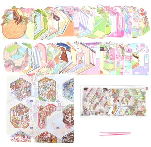 Kaiyzo Kreatives 3D Cartoon Tier Aufkleber Set mit Cute Sticker, DIY Szenen mit Capybara & Panda, 50 Nummerierte Vorlagen auf PET & Papier, Inklusive Pinzette und Vorlagebilder