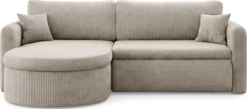 WFL GROUP Ecksofa in L-Form mit Schlaffunktion & Stauraum – Universell Montiebar Rechts/Links 4-Sitzer Schlafsofa inkl. 2 Dekokissen und Rückenkissen 250 x 160 x 83 cm – Beige Cord Chenille