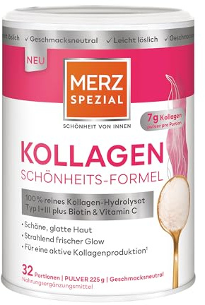 Merz Spezial Kollagen Schönheits-Formel, Pulver, 225 g | Kollagen Typ I + III, Biotin & Vitamin C, für strahlende Haut & Zellschutz, geschmacksneutral