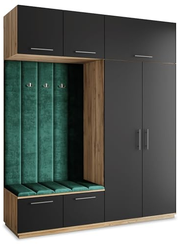 Masseno Flugarderoben Set Rema, Kleiderschrank-Set mit Sitzbank, Garderobenschrank Flur mit 5 Regalböden, Eiche Wotan/Schwarz