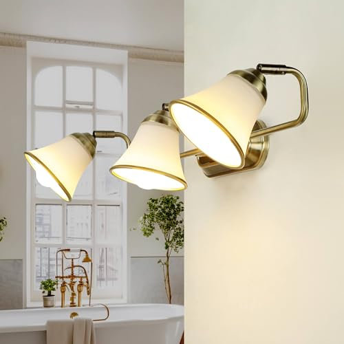 Licht-Erlebnisse Wandlampe Jugendstil Bad, Bronze, Wandlampe Spiegel, Spiegelleuchte, schwenkbar, blendarm, Glas, 3-flammig, E14, B:70 cm, Badlampe