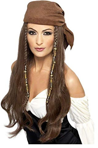 Horror-Shop Piraten Lady Langhaar Perücke mit Kopftuch