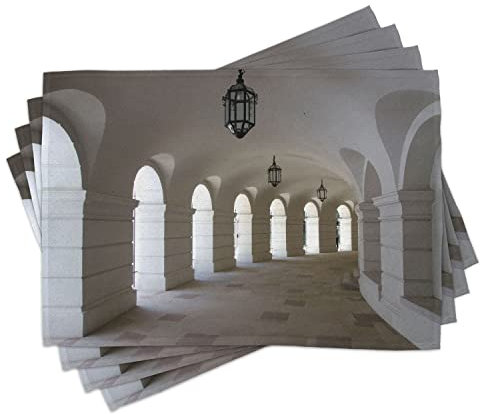 ABAKUHAUS Mittelalterlich Platzmatten, Mittelalterlicher Gebäude-Korridor mit Bögen und Laternen Architektonische Klassische Grafik, Untersetzer aus Waschbaren Stoff Tischdekoration mit Druck, Weiß