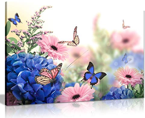 Pink Blue Flowers Butterflies Canvas Wall Art Picture Print (36x24)