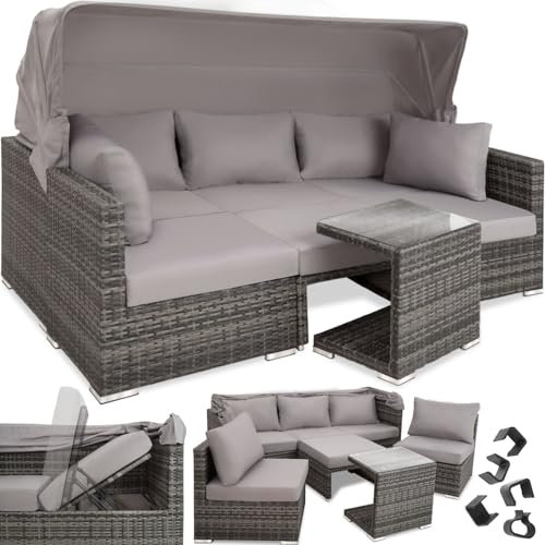 tectake Rattan Sonneninsel Sitzgruppe, Lounge Möbel Set inkl. Sofa mit Sonnendach, Hocker, Sesseln und Tisch, Outdoor Gartenmöbel, Loungemöbel Balkon und Garten, Terrassenmöbel, wetterfest - grau