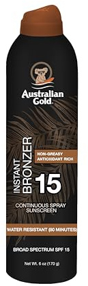 Australian Gold Continuous Spray Sunscreen with Instant Bronzer SPF 15, Immediate Glow & Dries Fast, Broad Spectrum, Water Resistant, Non-Greasy, Oxybenzone Free, Cruelty Free, 6 Ounce