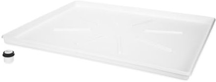 Camco Washing Machine Low Profile Drain Pan with PVC Fitting, Pre Formed Cut Lines, Gasket, and Locknut for Dryer Replacement Parts, White