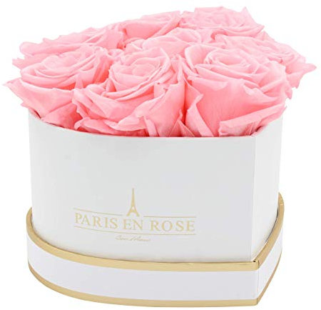 PARIS EN ROSE Rosenbox HERZ | mit 8 rosa Infinity Rosen Größe XL | herzförmige Box in Weiß mit Gold | ewige Rose | 3 Jahre haltbar | Grußkarte