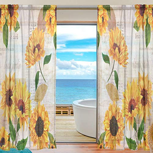 BKEOY Voile Fenstervorhang Sonnenblumen Vintage Postkarten-Vorhang für Zuhause, Wohnzimmer, Schlafzimmer, Tür, Küche, 139,7 x 198,1 cm, 2 Paneele, Polyester, multi, 55 x 84 inches