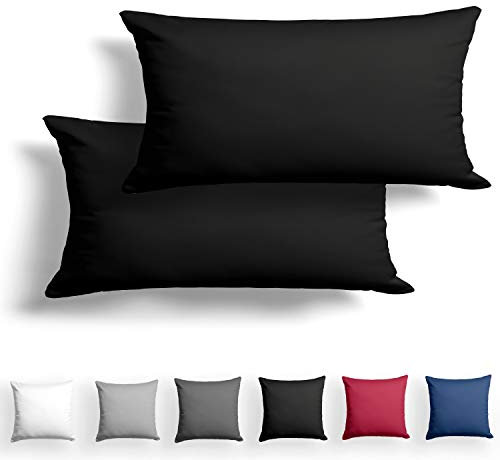 Alreya 2er-Set Mako Satin Kissenbezug 40 x 80 cm - 100% Baumwolle mit YKK Reißverschluss, Superweicher Kopfkissenbezug 40x80, Kissenhülle, Oeko-TEX® Standard Zertifiziert, Schwarz, nur Kissenbezug
