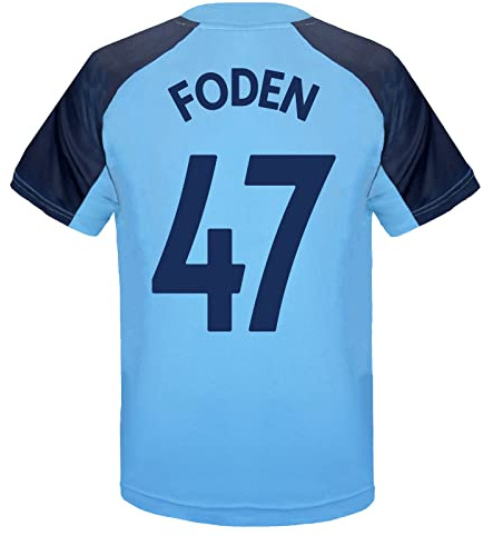 Manchester City FC Officiel - T-Shirt pour Entrainement de Football - Polyester - garçon - Bleu Ciel/Blason/Foden 47-12-13 Ans