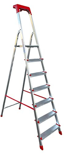 Scala Domestica in Alluminio Pieghevole Leggera Antiscivolo con Portaoggetti e Gancio Porta Secchio Scaletta Multifunzione (7 Gradini)