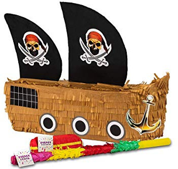 Trendario Pinata Set Piratenschiff, Pinjatta + Stab + Augenmaske, Ideal zum Befüllen mit Süßigkeiten und Geschenken - Piñata Piraten Schiff für Kindergeburtstag Spiel, Geschenkidee, Party, Hochzeit