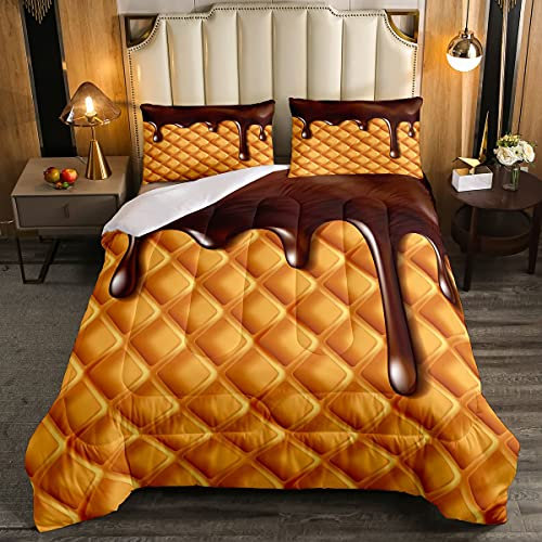 Juego de ropa de cama infantil con diseño de gofre de chocolate para niñas, relleno de edredón de postre dulce para niños y adolescentes, relleno de edredón divertido acolchado, 3 piezas, tamaño doble