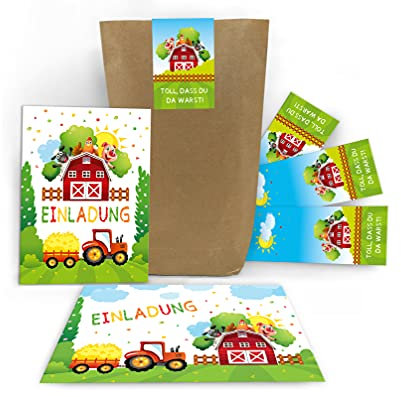 12 Einladungskarten zum Kindergeburtstag Mädchen Jungen Bauernhof Outdoor-Partyl incl. 12 Umschläge, 12 Tüten, 12 Aufkleber