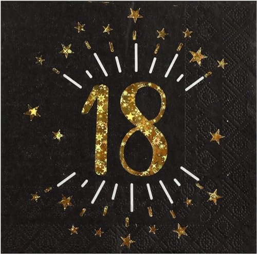 Geburtstags-Servietten 18 zum 18. Geburtstag in schwarz & metallic-gold mit Sternen Geburtstags-Deko Geburtstags-Feier Tisch-Dekoration Geburtstag 18. Geburtstag Mann & Frau Volljährig 30 Servietten