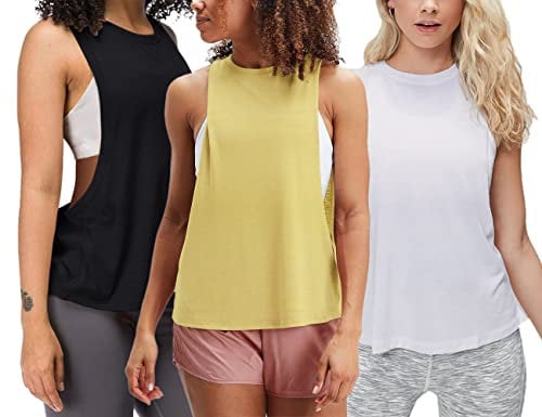Damen Trainieren Fitness Tanktops Abgeschnitten Ärmellos Fitnessstudio Yoga Betrieb Sportlich Hemden Schwarz Weiß Gelb L