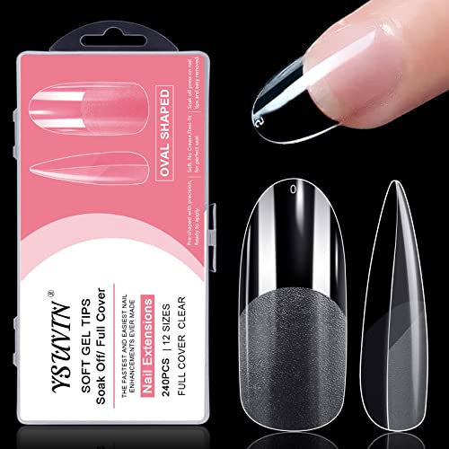 YSUVIN Nageltips 240 Stück Fake Nails Transparent, 12 Größen Oval Mittlere, Künstlich Nagelspitzen Nails Tips, Soft Gel Tips Full Cover Nail Tips für Nageltechniker, Anfänger, Maniküre Salons