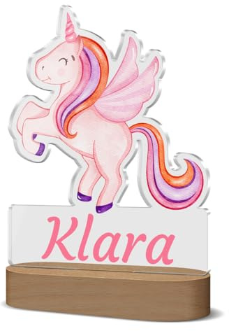 Einhorn Schlummerlampe mit Kindernamen - ideal für den Nachttisch zB als Schlummerlicht oder Stilllicht | mit dimmbaren LED-Holzsockel und buntem Design