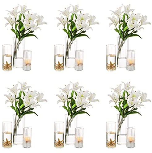 Nuptio Florero Cilíndrico Cristal: 18 Piezas Claro Huracán Jarrones para Centros de Mesa, Alto Titular Vela para Pilar Velas Flotantes para Boda Navidad Mesa Casa Decoración Estar(15cm/20cm/25cm)