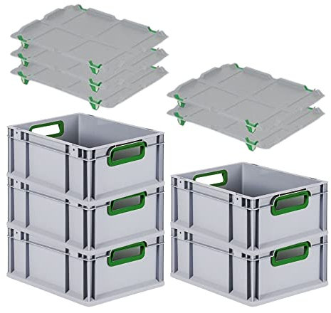 PROREGAL SuperSparSet 5x Eurobox NextGen Color mit Auflagedeckel & Schiebeschnappverschlüsse, HxBxT 17x30x40cm, 16L, Griffe grün offen, Glatter Boden, Eurobehälter Transportbox Transportbehälter