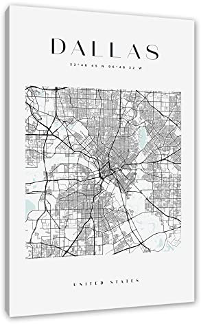 Pixxprint Stadtkarte Eckig - Dallas als, Größe: 80x60cm, Leinwandbild, fertig gespannt, Wandbild, Dekoration, Kunstdruck, kein Poster