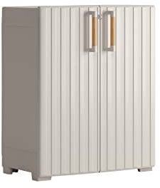 Keter Armoire Basse Groove - Armoire de Rangement en Résine - Étagères Modulables, Pieds Réglables - Cuisine, Garage, Atelier, Buanderie, Placard - 80 x 44 x 182cm - Beige
