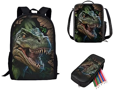 Showudesigns 3-teiliges Schulranzen-Set für Kinder, Rucksack und Brotdose, lange Riemen, Federmäppchen für Mädchen und Jungen, Dinosaurier 2, Einheitsgröße