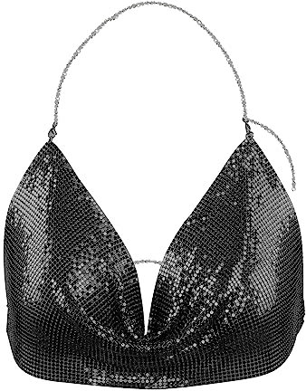 Pailletten-Top mit Neckholder, Paillett Neckholder Weste, Damen Halter Crop-Tops Tief V-Ausschnitt, Glitzer-BH für Salsa, Bauchtanz, Boho, Festival, Club, Tribal-Top, Kostüm
