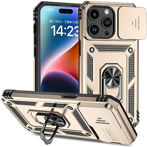 Hitaoyou iPhone 15 Pro Max Case with Camera Cover & Kickstand, Military Grade Shockproof Heavy Duty Protective Magnetic Case for iPhone 15 Pro Max 6.7'' Gold