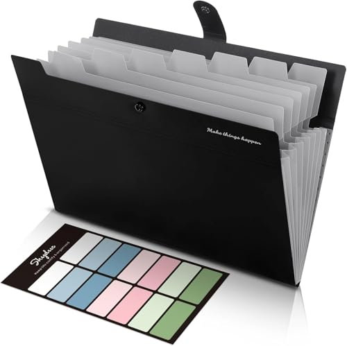 SKYDUE Dokumentenmappe A4, Mappe Mit 8 Fächern, Fächermappe A4 Mit Etiketten, Tragbar Ordnungsmappe Mappen Ordnersystem, Document Folder Für Zuhause, Büro, Schule Und Auf Reisen(Schwarz)