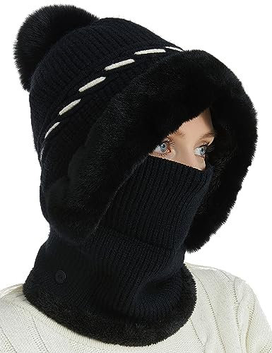 FEOYA Sturmhaube Damen Balaclava Winter Warme Gestrickte Hals Schal mit Pompon