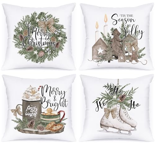 Lanpn 4 Stück Kissenbezug Weihnachten Kissenhülle 40x40 cm, Retro Rustikal Lebkuchenmann Bauernhaus Kranz Dekorative Weihnachtskissen 40 x 40 für Weihnachtsdeko Christmas Bettwäsche Sofa Decorations