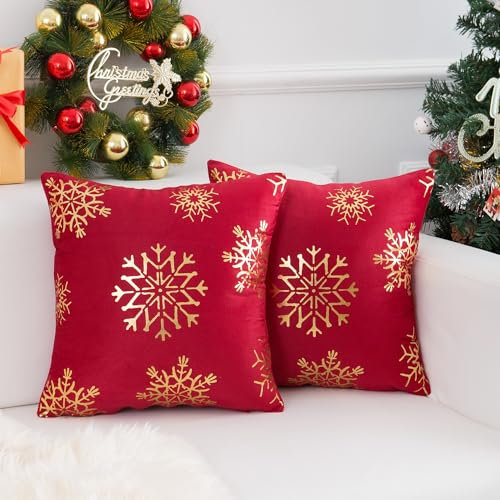 Weihnachten Kissenbezug 40x40 cm 2er Set Samt Rot Modern Dekorative Bronzieren Schneeflocke Kissenbezüge Festival SofaKissen Gemütlich Weich Quadratisch Heimdekoration für Auto Couch Schlafzimmer